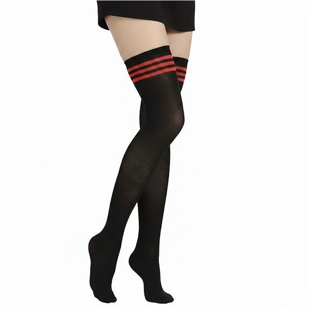 Black with 3 Red Stripes Over the Knee Thigh High Socks ONE SIZE Grunge Emo NEW